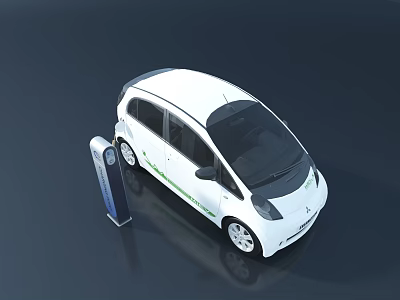White Electric Compact Car Charging at Station with Modern Design on Dark Surface 3d model