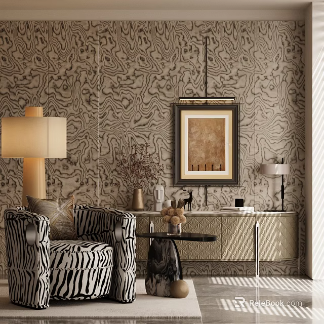 Zebra Striped Accent Chair With Patterned Wallpaper Floor Lamp Console Table And Framed Painting 3d model 