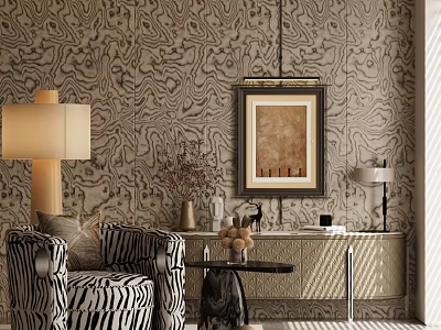 Zebra Striped Accent Chair With Patterned Wallpaper Floor Lamp Console Table And Framed Painting 3d model