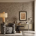 Zebra Striped Accent Chair With Patterned Wallpaper Floor Lamp Console Table And Framed Painting