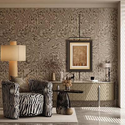 Zebra Striped Accent Chair With Patterned Wallpaper Floor Lamp Console Table And Framed Painting 3d model