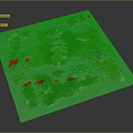 3D Terrain Model with Green Vegetation Cover and Mountainous High Ground on Grid Background