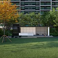 Modern Outdoor Pergola With Green Trees Lawn Lounge Chairs And Residential Building