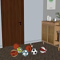 Wooden Shoe Cabinet with Vase and Decorative Items and Colorful Sports Balls in Indoor Space