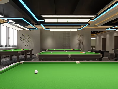 Modern Billiard Room Featuring Multiple Green Felt Tables Ceiling Lights And Plants 3d model