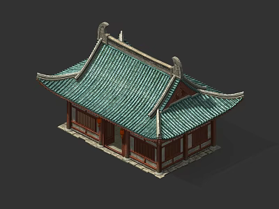 Traditional Ancient Architecture with Green Tiled Roof Upturned Eaves and Wooden Structure 3d model