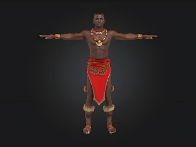 Traditional African Male Figure In Red Attire With Decorative Jewelry And Outstretched Arms 3d model