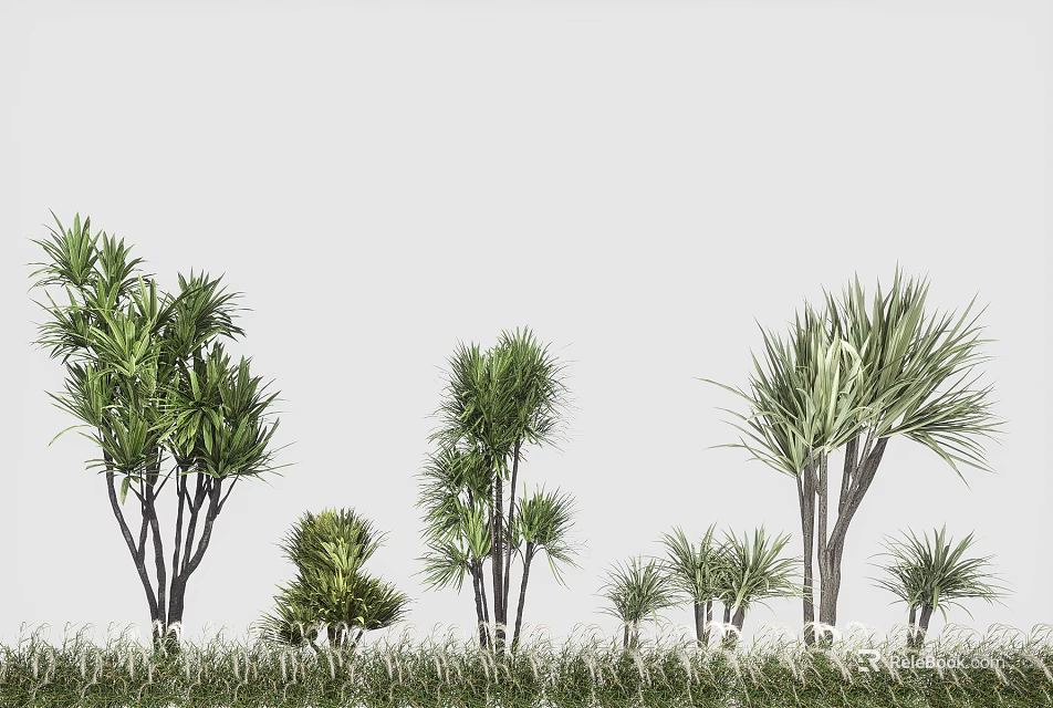 Various Lush Green Plants With Different Heights Growing In Grass Area 3d model 