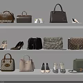 Fashionable Assorted Bags And Shoes Displayed On White Shelves With Various Styles And Colors