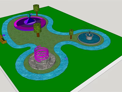 Water Garden Design With Winding Blue Paths Colorful Spiral Fountains Round Fountain And Trees 3d model