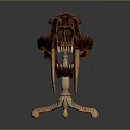 Prehistoric Animal Skull Display On Golden Three Legged Stand With Long Brown Fangs