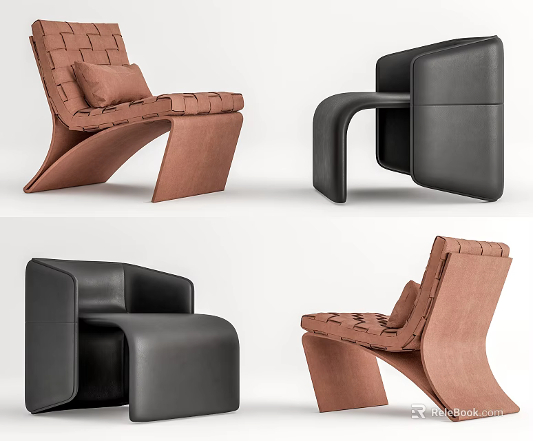 Modern Accent Chairs With Brown Woven And Black Leather Unique Geometric Design 3d model 