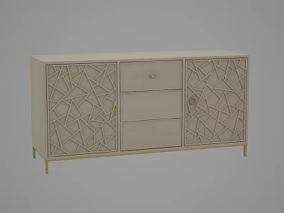 Beige Decorative Cabinet With Geometric Patterned Doors Central Drawers And Golden Handles On Golden Legs 3d model