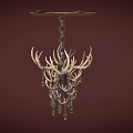 Antler Chandelier With Rustic Design Metal Chain And Decorative Glass Pendants Ceiling Mounted