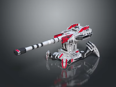 Silver Red Mechanical Turret With Long Barrel Support Legs And Metallic Texture 3d model