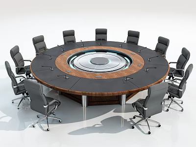 Modern Round Conference Table With Central Rotating Panel And Black Office Chairs 3d model