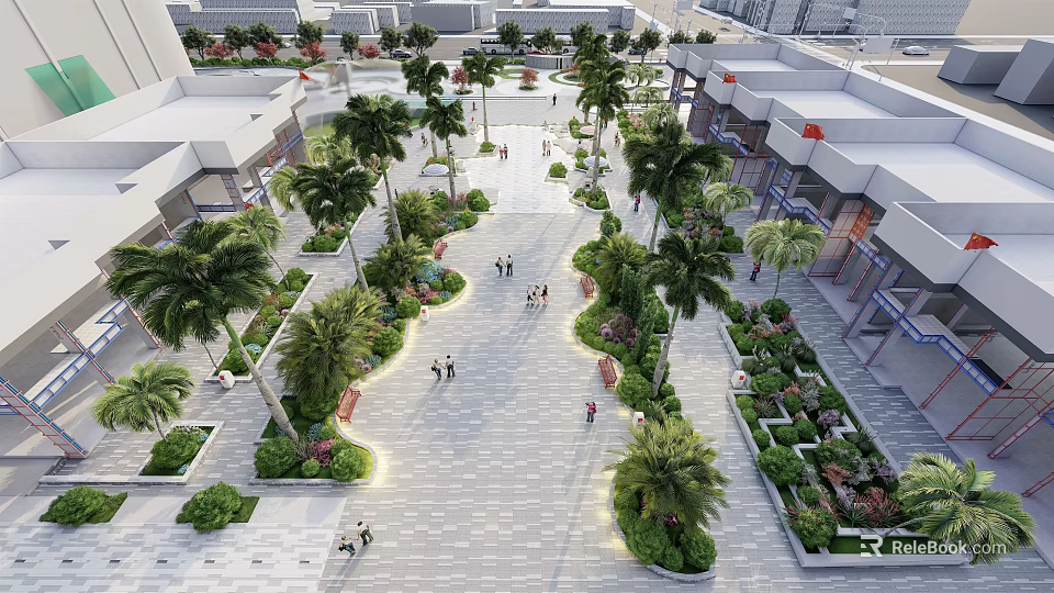 Urban Plaza With Palm Trees Stone Pavement Green Landscaping And Pedestrians 3d model 