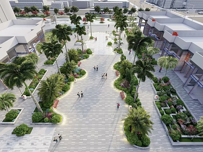 Urban Plaza With Palm Trees Stone Pavement Green Landscaping And Pedestrians 3d model