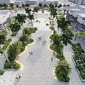 Urban Plaza With Palm Trees Stone Pavement Green Landscaping And Pedestrians