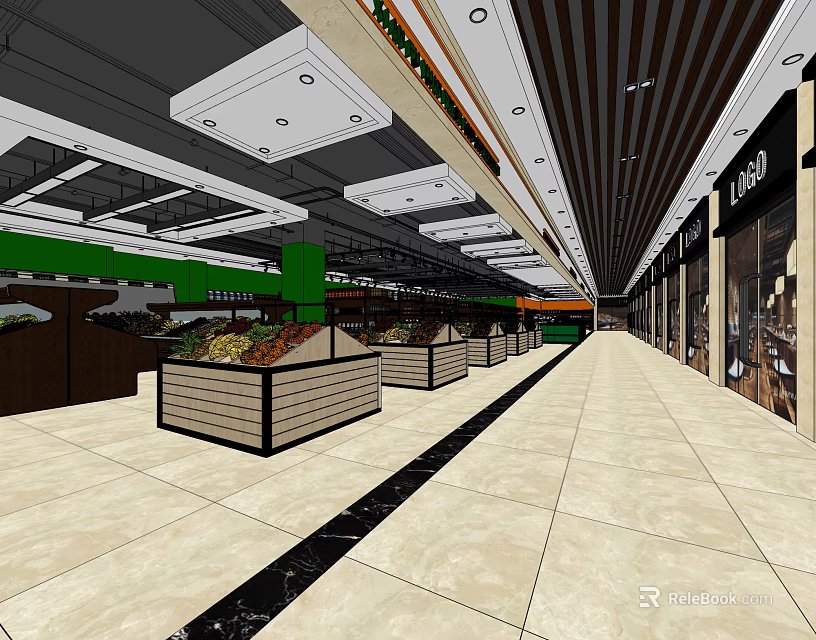 Supermarket Fresh Fruits Vegetables Display Shelves in Spacious Aisle With Bright Lighting 3d model 