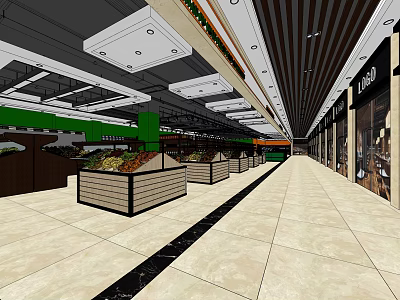 Supermarket Fresh Fruits Vegetables Display Shelves in Spacious Aisle With Bright Lighting 3d model