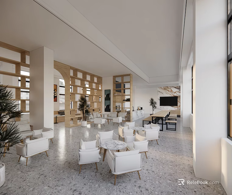 Book Art Inspired Modern Interior With Wooden Shelves White Furniture And Green Plants 3d model 