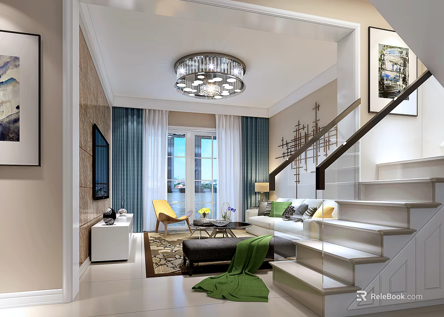Modern Living Room Interior With Chandelier Sofa Yellow Chair And Coffee Table 3d model 