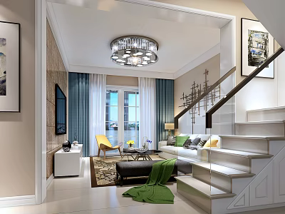 Modern Living Room Interior With Chandelier Sofa Yellow Chair And Coffee Table 3d model