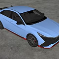 Blue Modern Sedan With Black Wheels And Red Trim In Indoor Showroom