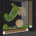 Indoor Garden Ornaments With Green Moss Hanging Spherical Plants Woven Balls And Wooden Frame