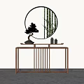 Modern Wooden Console Table With Round Mirror And Bonsai Plant Decor