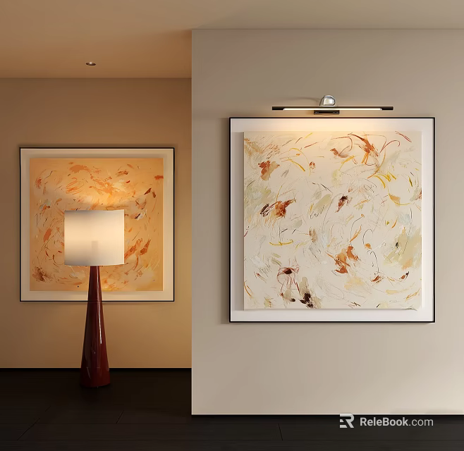 Abstract Oil Painting In Beige Gold Brown Textured Tones Hung On Modern Interior Wall 3d model 