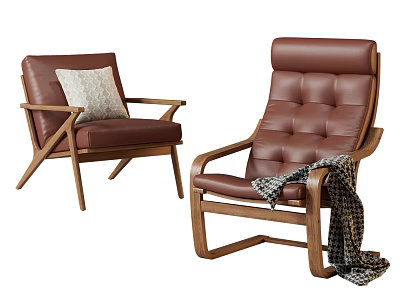 Brown Leather Leisure Chairs with Wooden Frame Cushion and Plaid Blanket 3d model