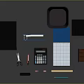 Essential Office Supplies Collection Including Blue Folders Gray Trash Bin File Organizer Calculator And Notebook