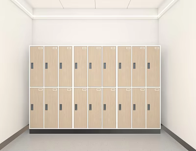 Wooden Wardrobe Lockers Arranged In Rows With Multiple Doors For Storage 3d model