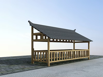 Scenic Plaza Landscape With Traditional Wooden Pavilion Black Tile Roof And Stone Paved Ground 3d model