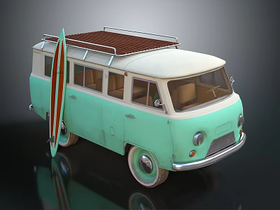 Vintage Light Blue Cream Bus With Roof Rack And Red White Surfboard 3d model