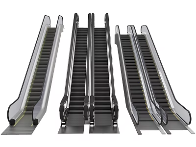 Various Design Commercial Escalators With Transparent Side Panels Metal Frames And Black Steps 3d model