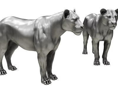 Two Silver Lion Statues With Metallic Finish Standing In 3D Rendered Design 3d model