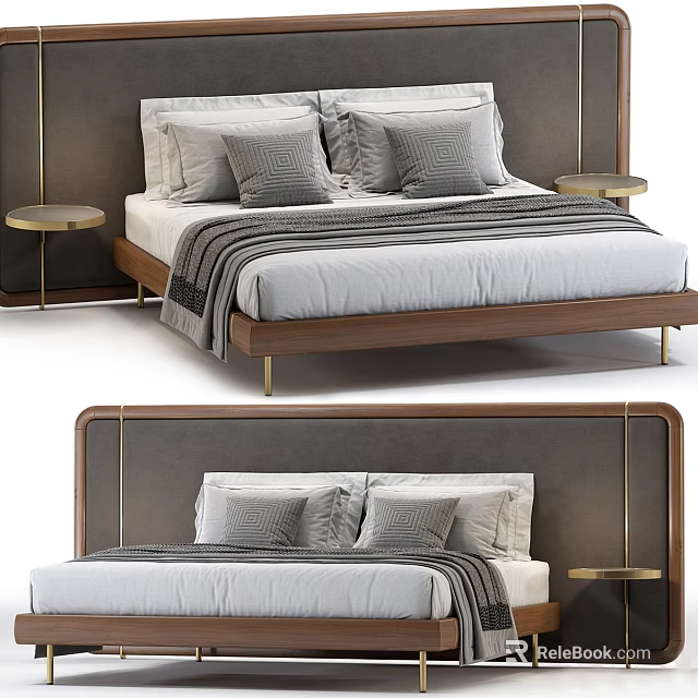 Double Bed With Gray Upholstered Headboard Wooden Frame Plush Pillows Striped Blanket And Gold Nightstands 3d model 