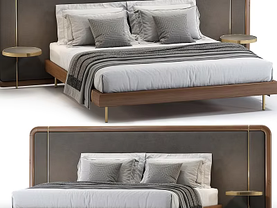 Double Bed With Gray Upholstered Headboard Wooden Frame Plush Pillows Striped Blanket And Gold Nightstands 3d model
