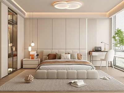 Modern Bedroom Interior With Plush Headboard Decorative Pillows Area Rug Nightstand Lamp And Desk Chair 3d model