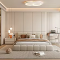 Modern Bedroom Interior With Plush Headboard Decorative Pillows Area Rug Nightstand Lamp And Desk Chair