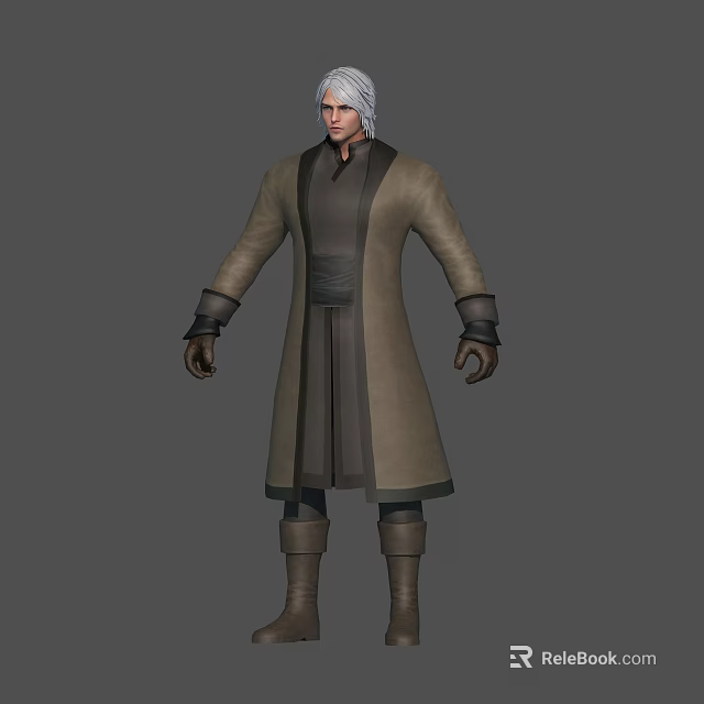 White Haired Male Character Wearing Long Brown Coat Dark Belt Boots And Gloves 3d model 