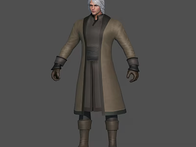 White Haired Male Character Wearing Long Brown Coat Dark Belt Boots And Gloves 3d model