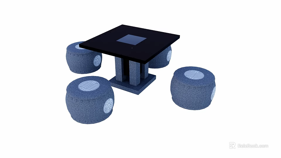 Black Square Tea Table with Gray Cylindrical Cushion Chairs and White Circular Patterns 3d model