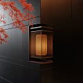 Modern Wall Lamp With Warm Light On Dark Wall And Red Maple Leaves Decor