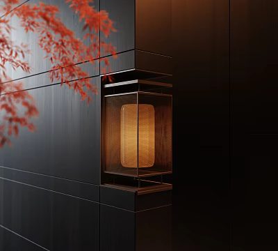Modern Wall Lamp With Warm Light On Dark Wall And Red Maple Leaves Decor 3d model