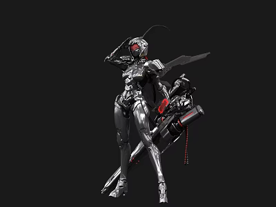 Detailed Sci Fi Mechanical Warrior Character Design With Insect Antennae Silver Metallic Wings And Armor 3d model