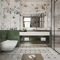 Elegant Bathroom Interior With Green Walls Floral Wallpaper Bathtub And Tiled Floor